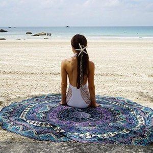 Purple Green Floral Boho Round Beach Blanket Tablecloth Tapestry Decor NEW